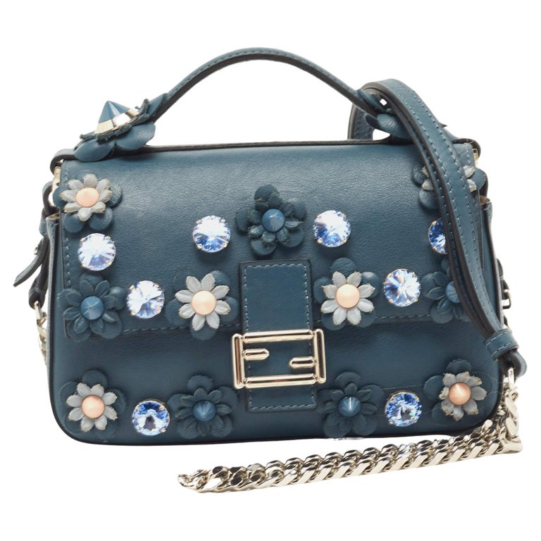 Borsa doppia Baguette Fendi in pelle blu Micro Flowerland su