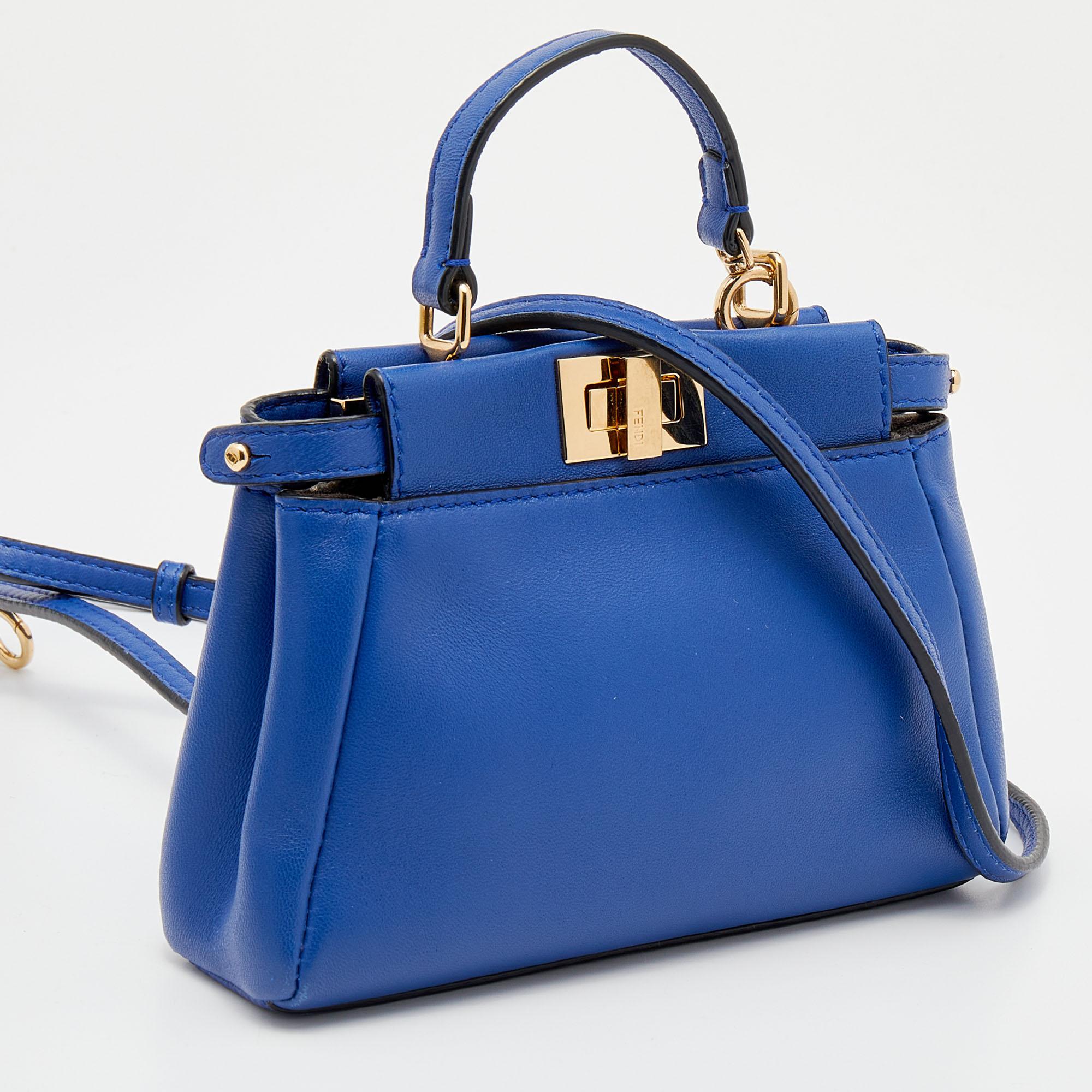 Fendi Blue Leather Micro Peekaboo Top Handle Bag In Good Condition In Dubai, Al Qouz 2