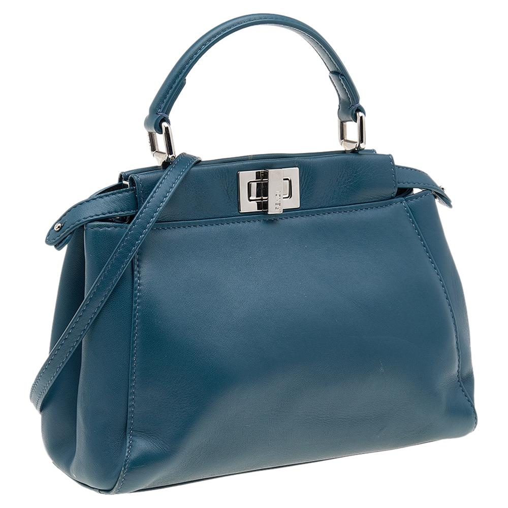 Fendi Blue Leather Mini Peekaboo Top Handle Bag In Good Condition In Dubai, Al Qouz 2
