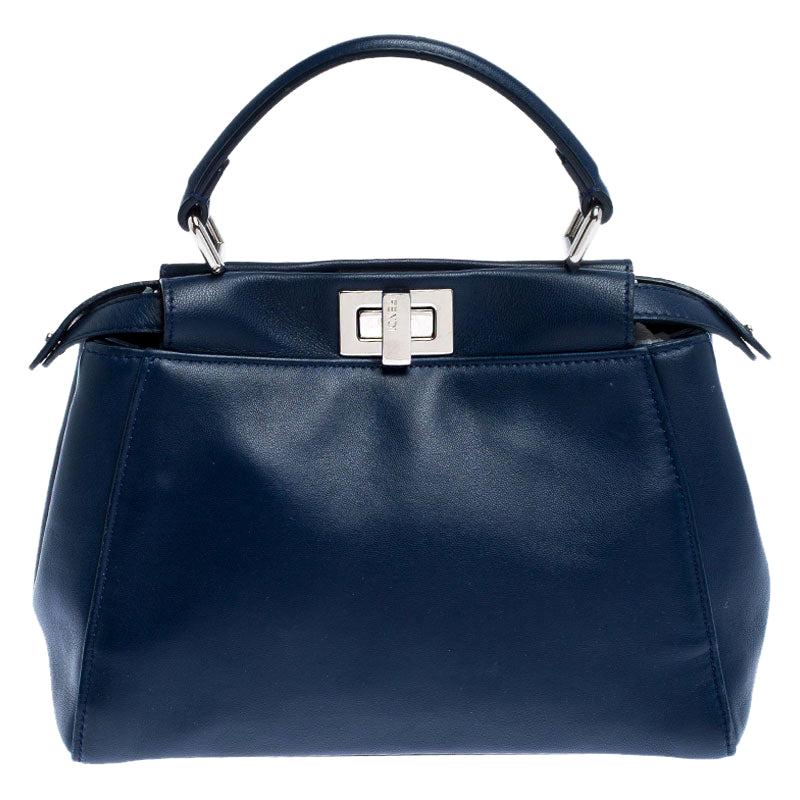Fendi Blue Leather Mini Peekaboo Top Handle Bag For Sale at 1stDibs