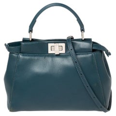 Used Fendi Blue Leather Mini Peekaboo Top Handle Bag