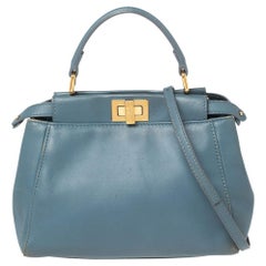 Used Fendi Blue Leather Mini Peekaboo Top Handle Bag