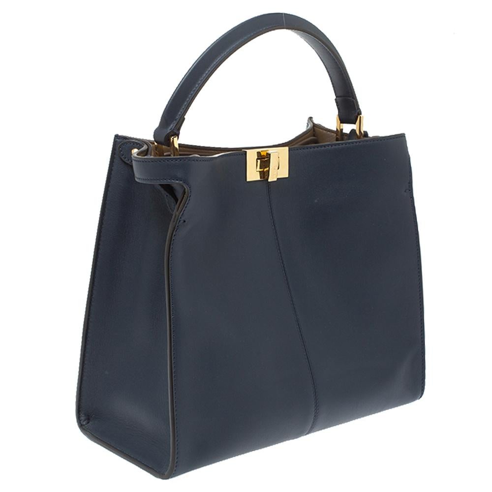Fendi Blue Leather Peekaboo X-Lite Top Handle Bag In Excellent Condition In Dubai, Al Qouz 2