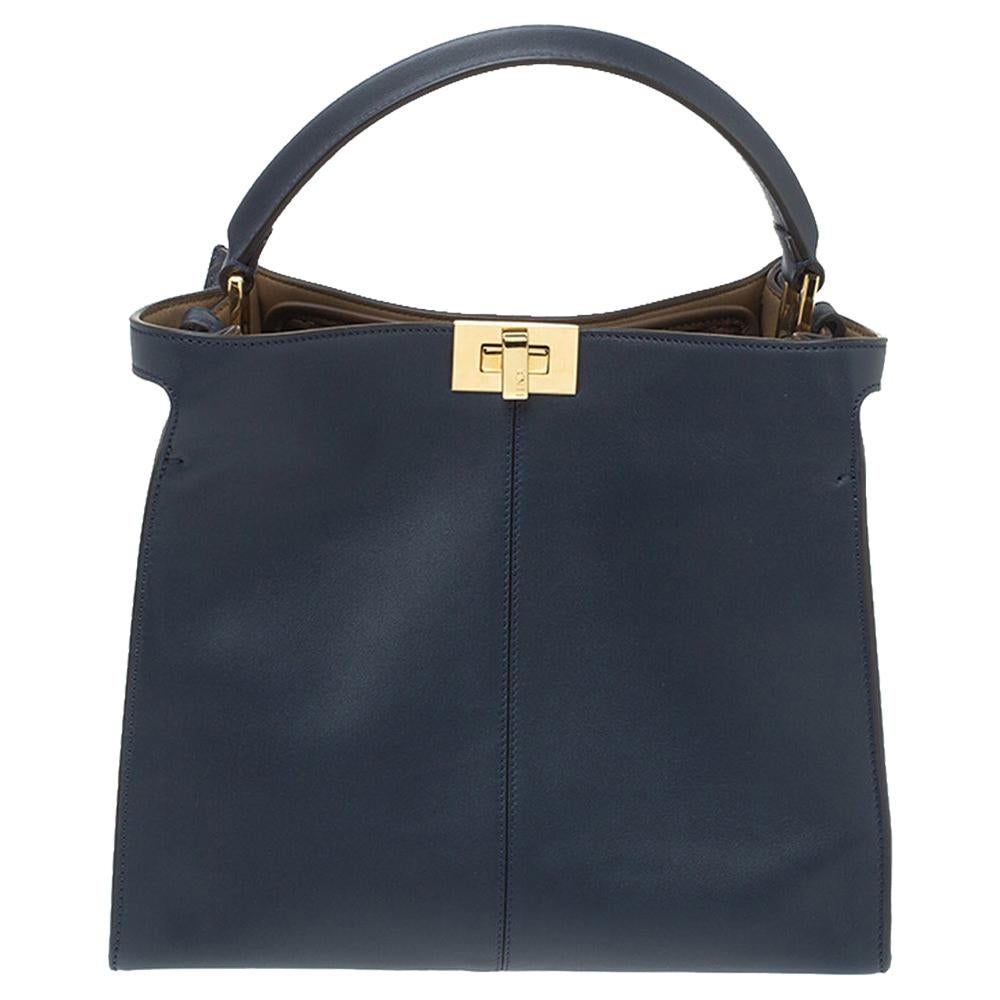 Fendi Blue Leather Peekaboo X-Lite Top Handle Bag