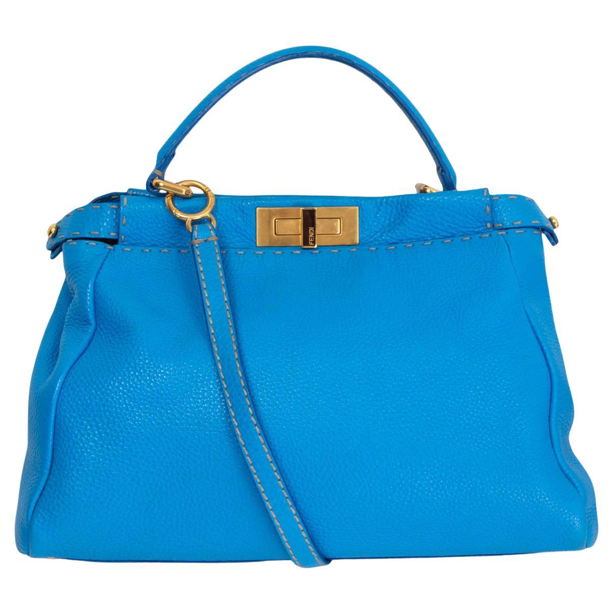 FENDI blue leather SELLERIA PEEKABOO MEDIUM Bag Romano/Raffia For Sale