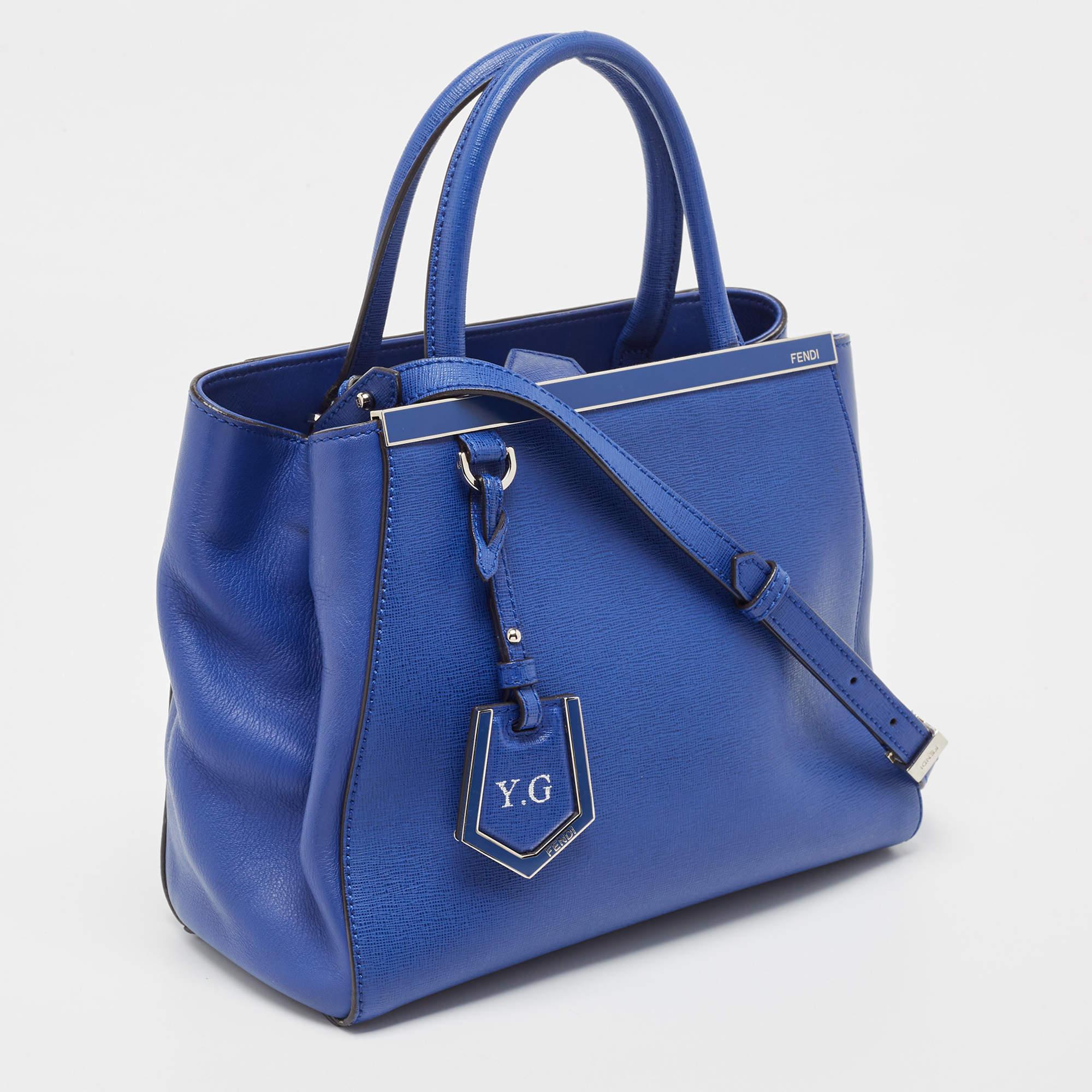 Fendi Blue Leather Small 2Jours Tote For Sale 6