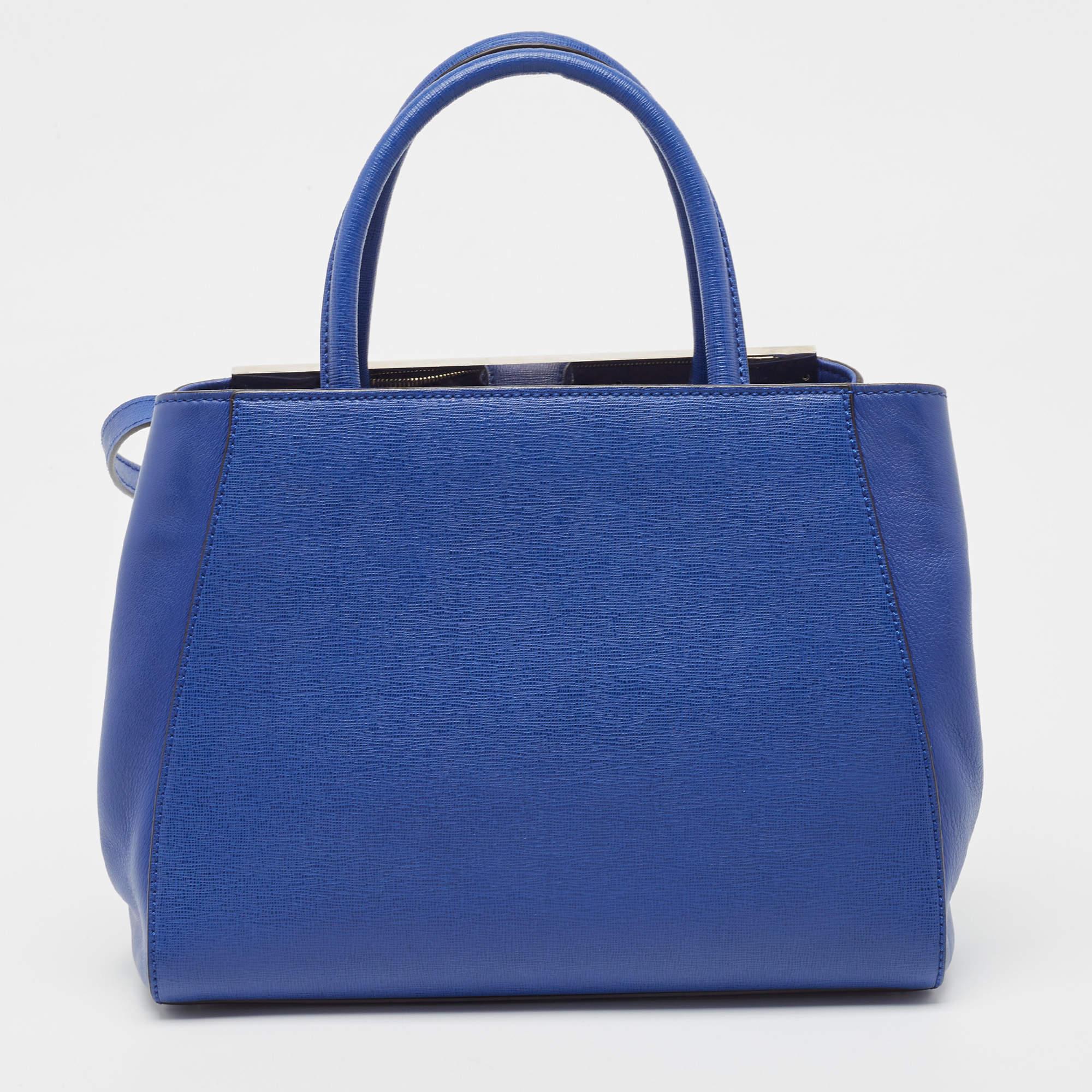 Fendi Blue Leather Small 2Jours Tote For Sale 7