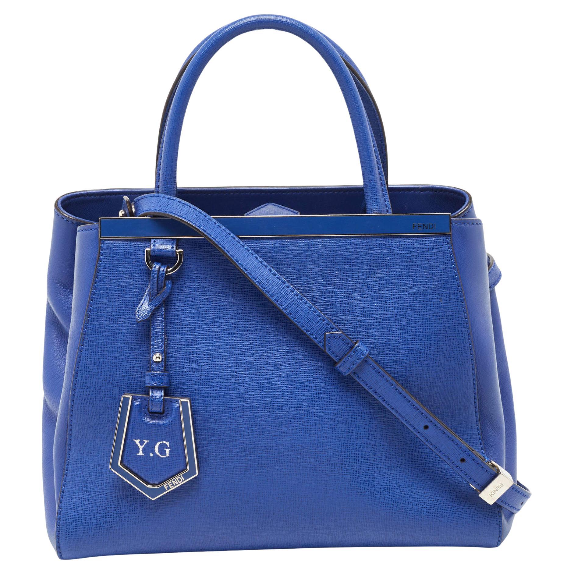 Fendi Blue Leather Small 2Jours Tote For Sale
