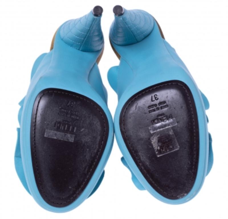 Fendi Blue Leather Stocking Heel Mule Sandals Size 37 In Good Condition In Dubai, Al Qouz 2