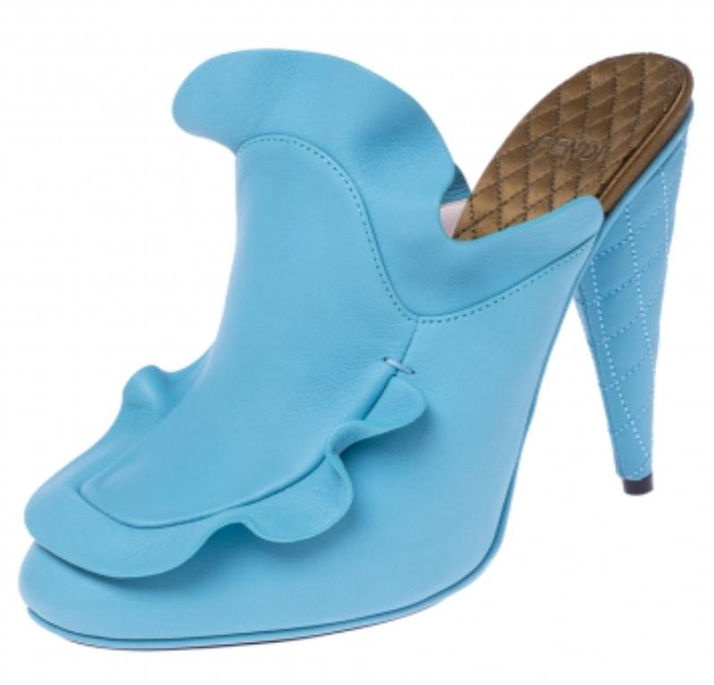 Fendi Blue Leather Stocking Heel Mule Sandals Size 37 2