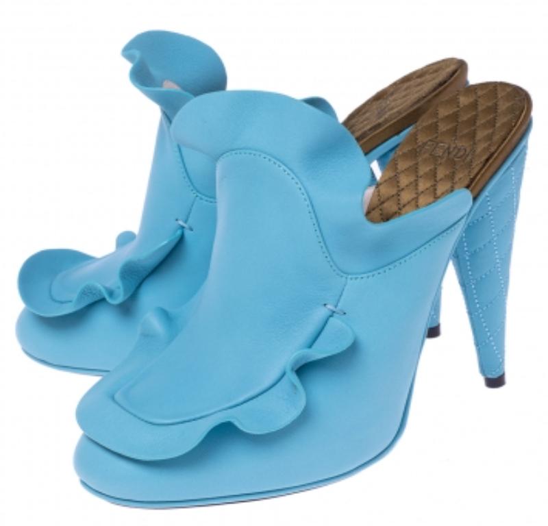 Fendi Blue Leather Stocking Heel Mule Sandals Size 37 3