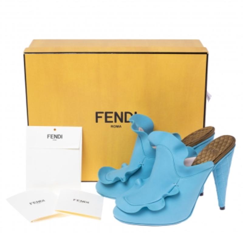 Fendi Blue Leather Stocking Heel Mule Sandals Size 37 4