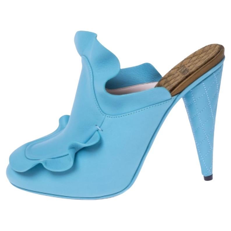 Fendi Blue Leather Stocking Heel Mule Sandals Size 37