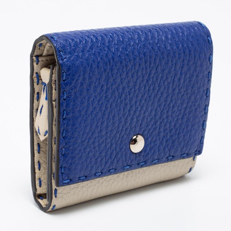Fendi Blue/Light Grey Selleria Leather Trifold Compact Wallet For Sale at 1stDibs
