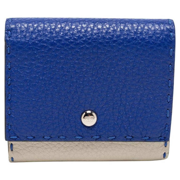 Fendi Blue/Light Grey Selleria Leather Trifold Compact Wallet For Sale at 1stDibs