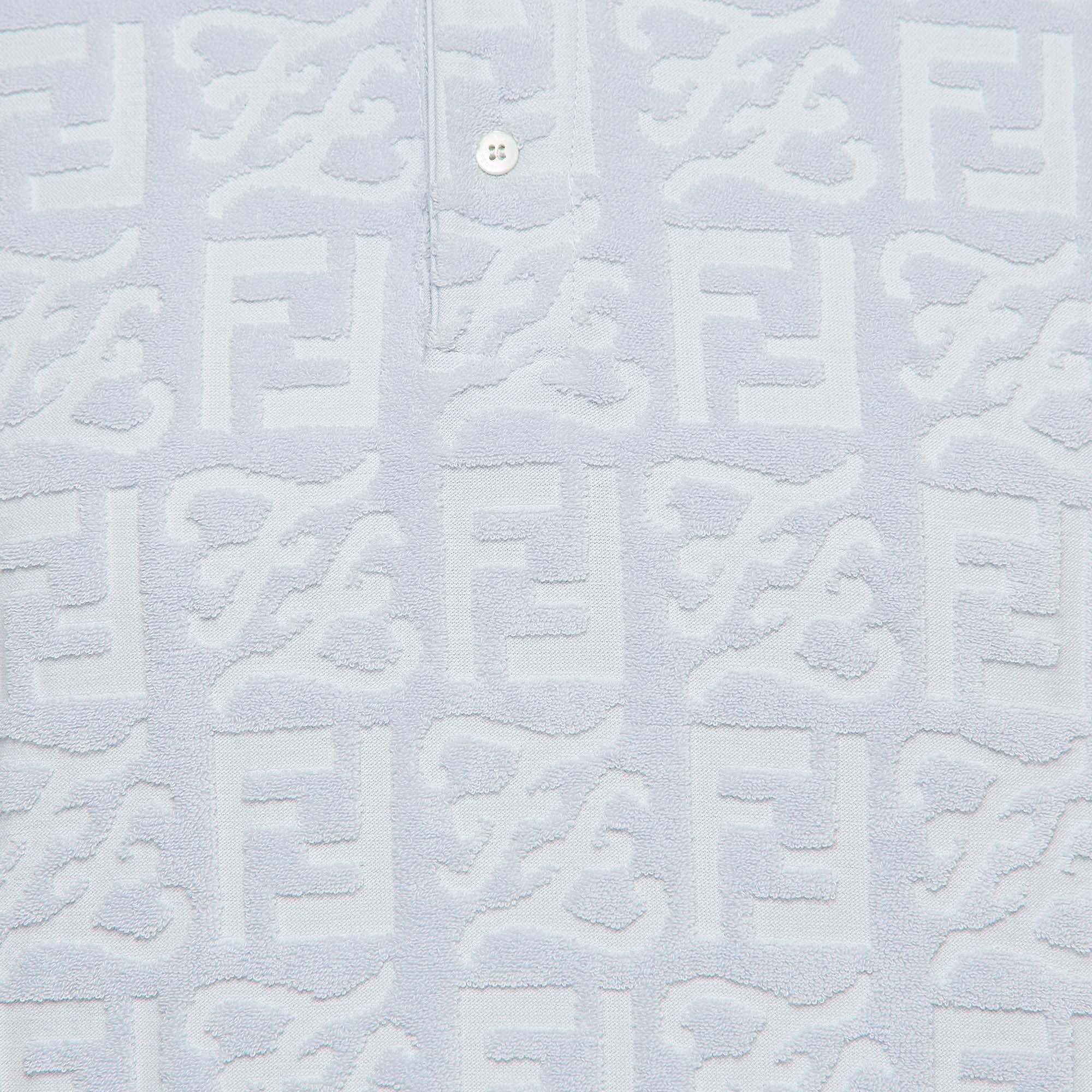 Fendi Blue Logo Embossed Cotton Knit Polo T-Shirt S 1