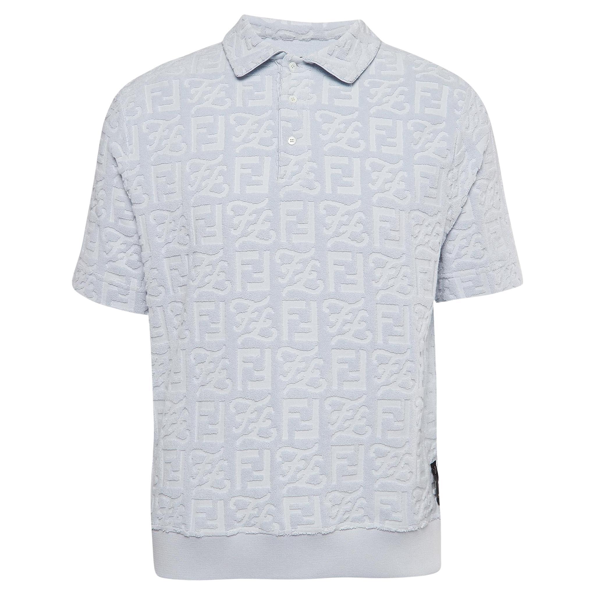 Fendi Blue Logo Embossed Cotton Knit Polo T-Shirt S For Sale