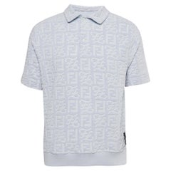Used Fendi Blue Logo Embossed Cotton Knit Polo T-Shirt S
