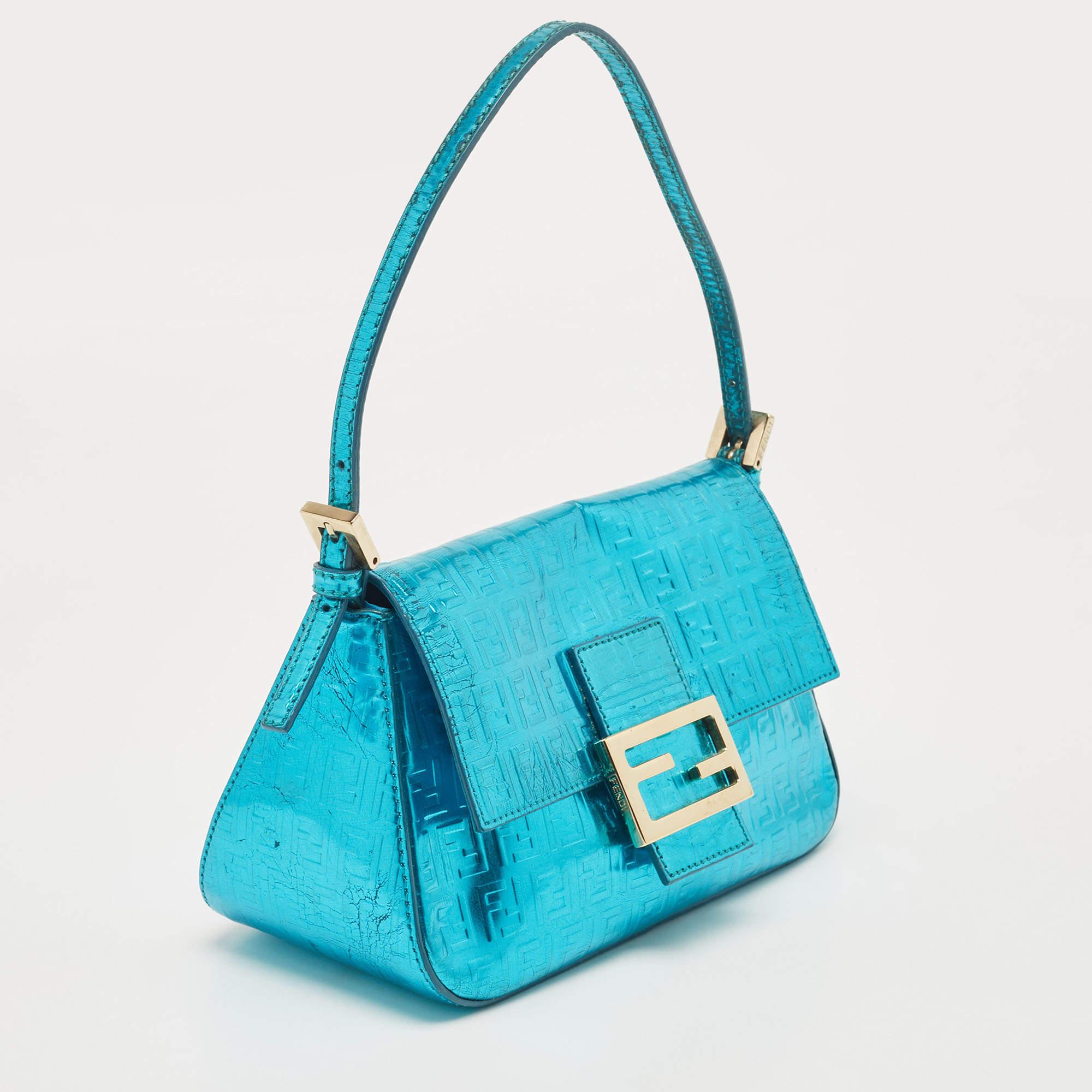 Women's Fendi Blue Metallic Zucchino Laminated Leather Baguette Bag