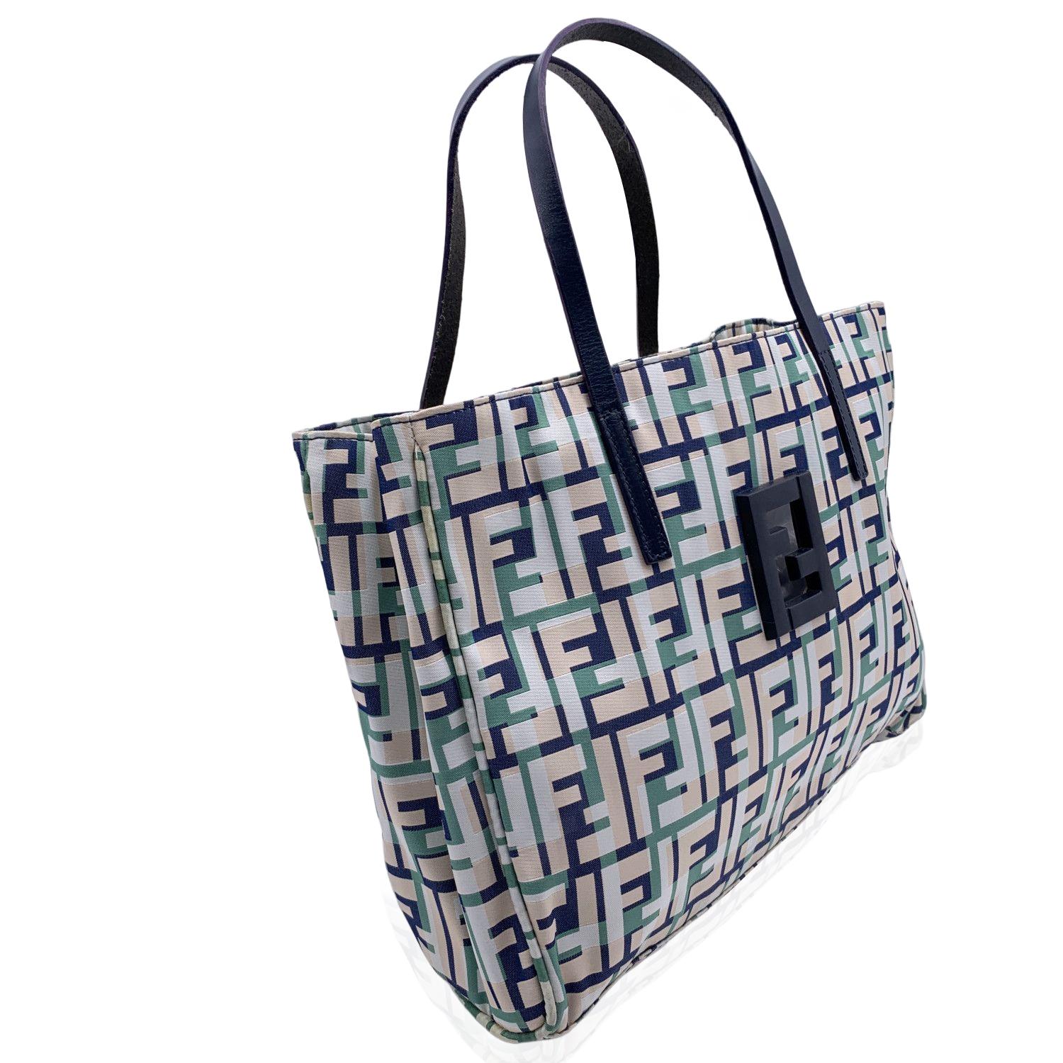 Women's Fendi Blue Monogram Canvas Cut Out FF Logo Handbag Tote Bag