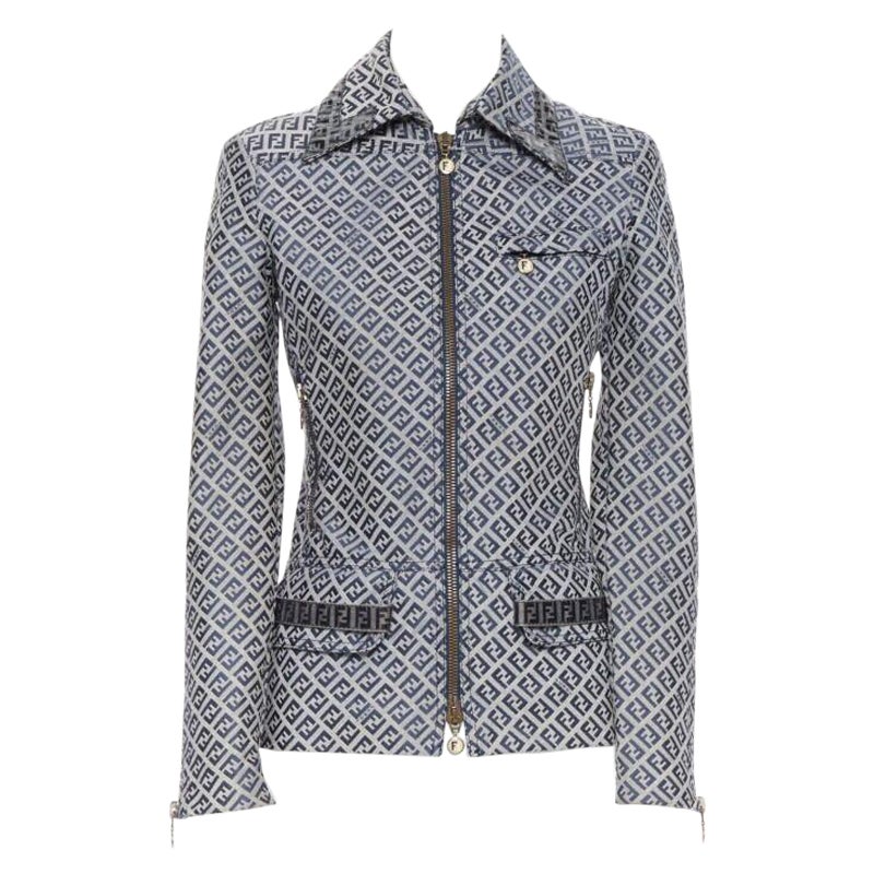 FENDI blue monogram logomania transparent rubber trimming zip biker jacket IT38