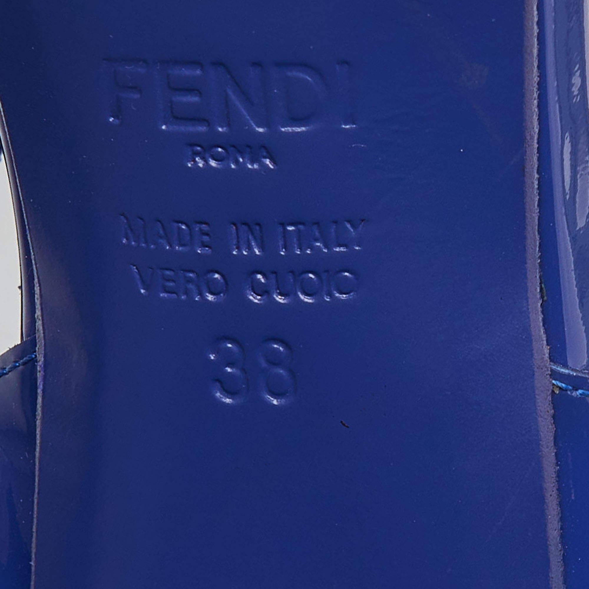 Fendi Blue Patent Leather Chameleon Block Heel Sandals Size 38 For Sale 3