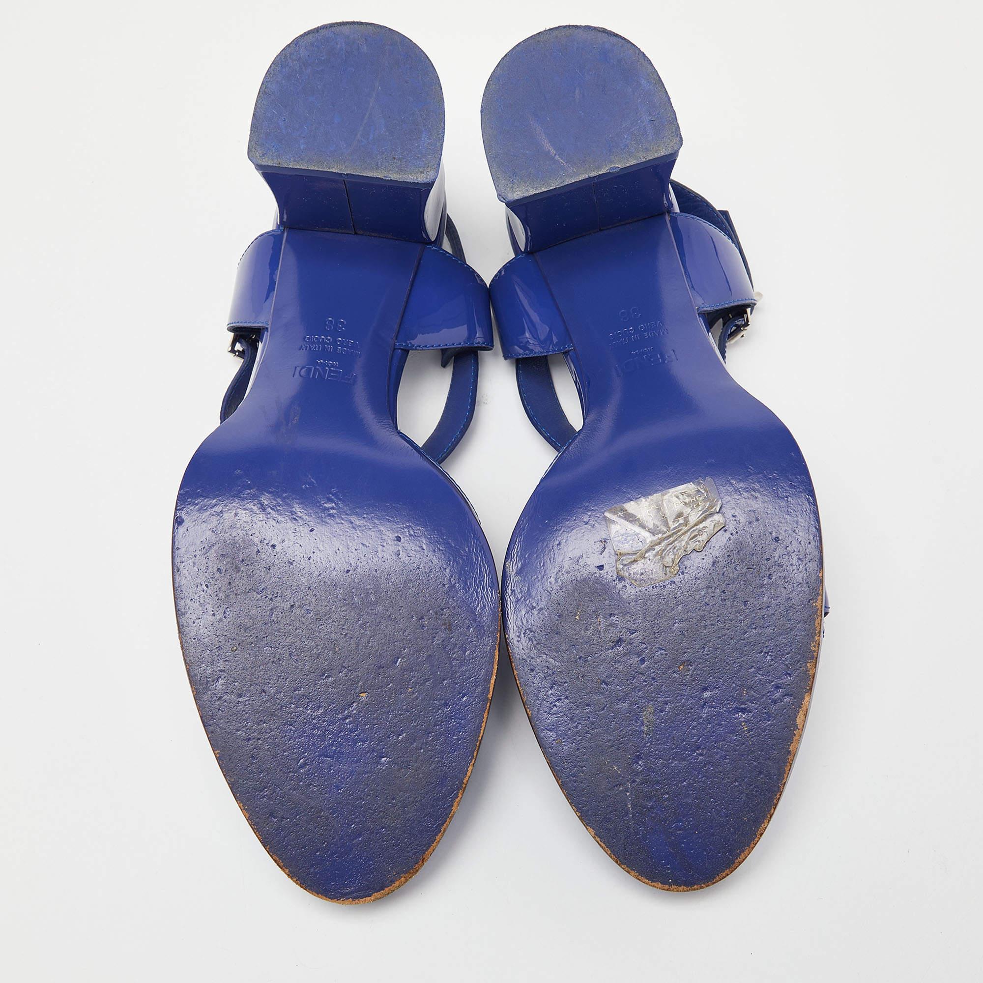 Fendi Blue Patent Leather Chameleon Block Heel Sandals Size 38 5