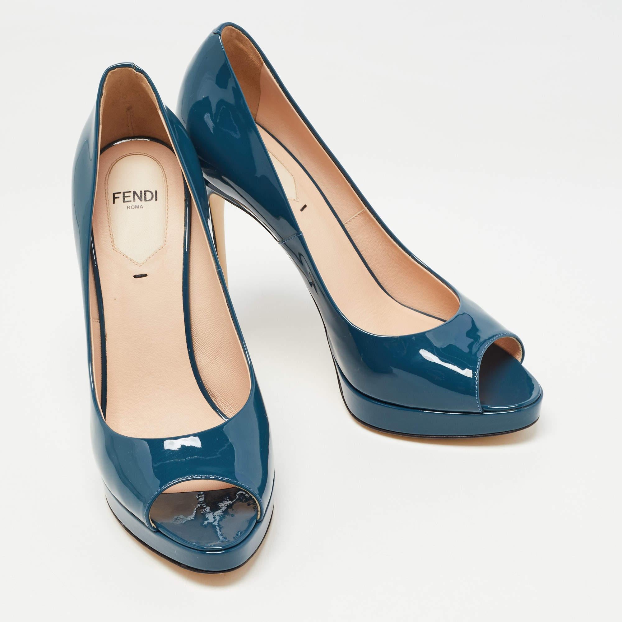 Fendi Blue Patent Leather Fendista Platform Peep Toe Pumps Size 37 In Good Condition In Dubai, Al Qouz 2