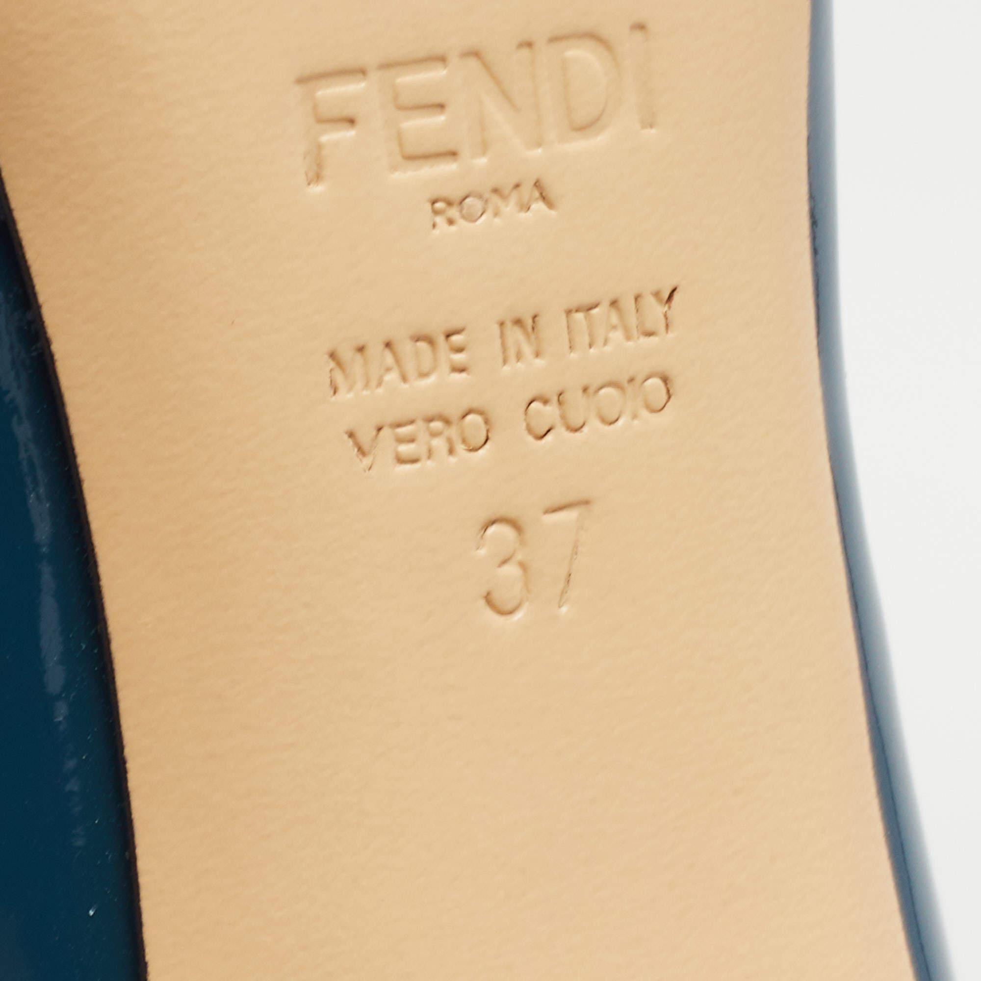 Women's Fendi Blue Patent Leather Fendista Platform Peep Toe Pumps Size 37