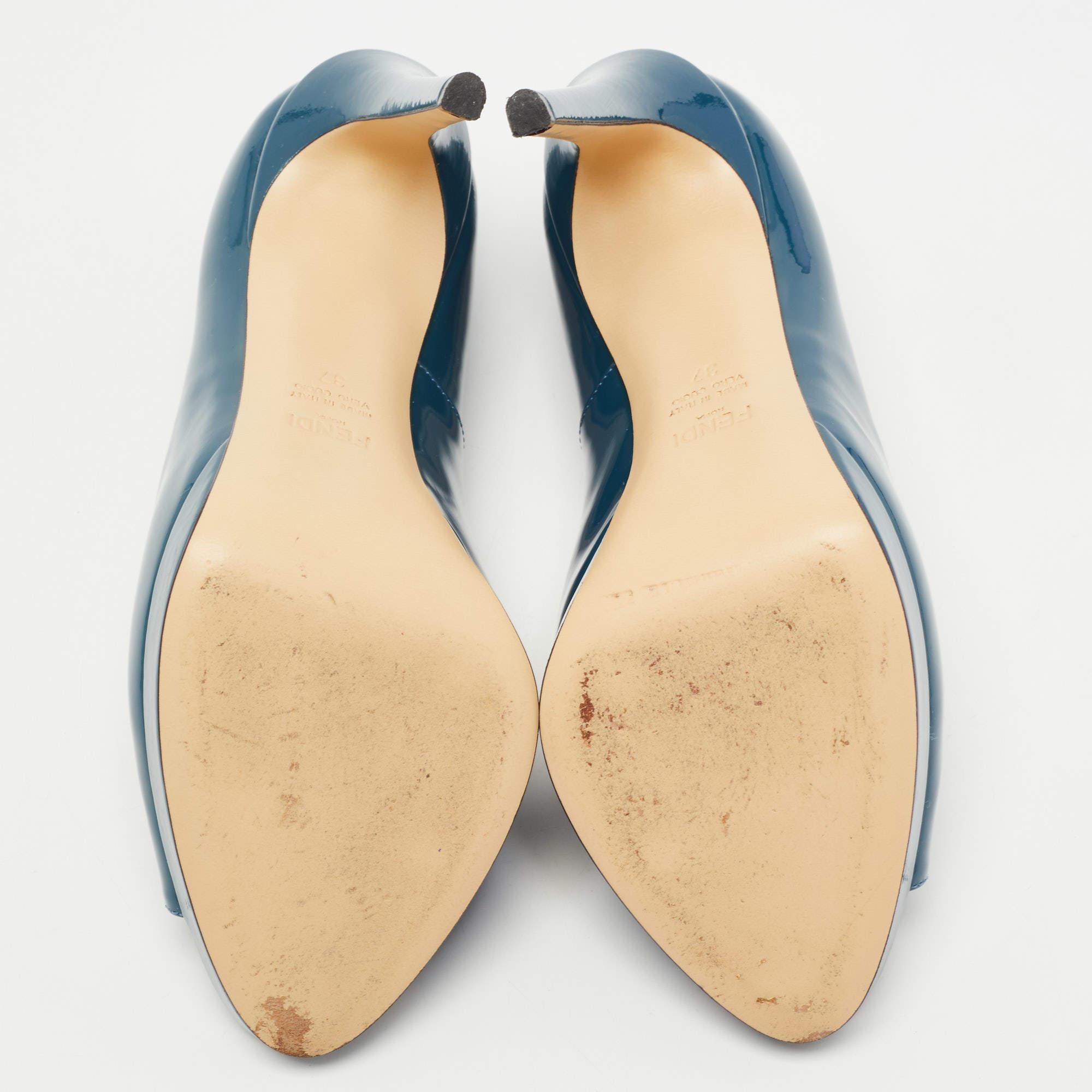 Fendi Blue Patent Leather Fendista Platform Peep Toe Pumps Size 37 1
