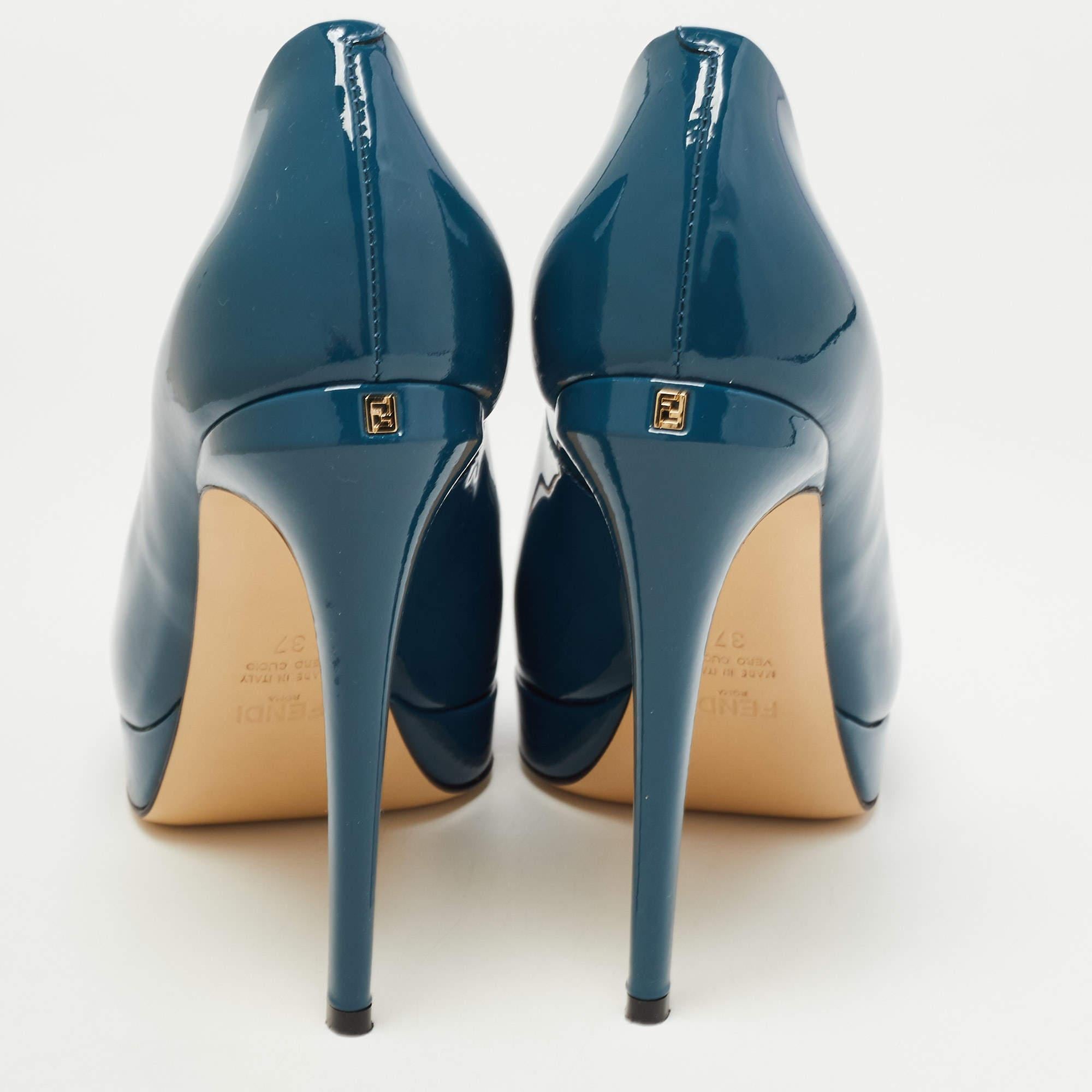 Fendi Blue Patent Leather Fendista Platform Peep Toe Pumps Size 37 2