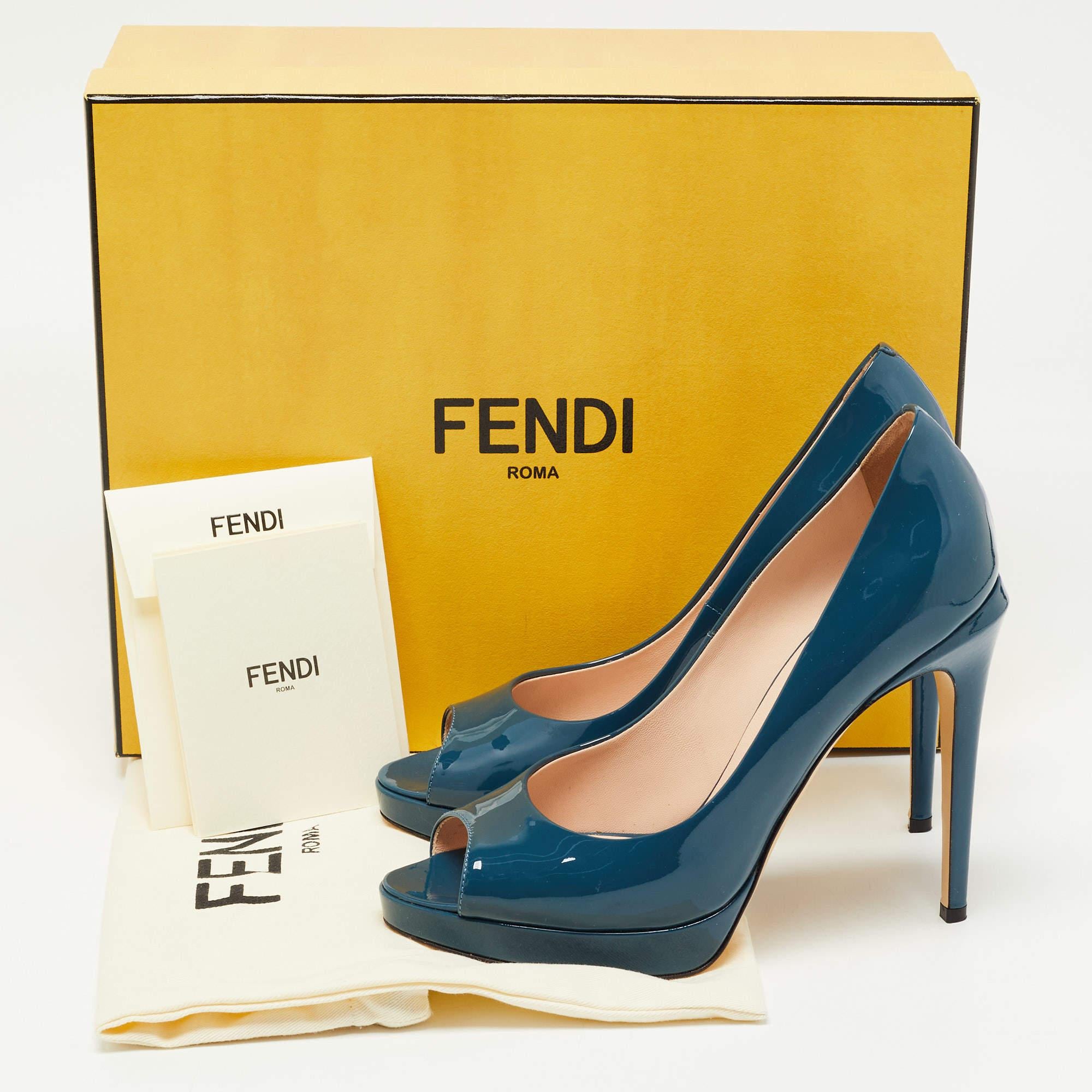 Fendi Blue Patent Leather Fendista Platform Peep Toe Pumps Size 37 5