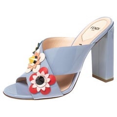 Fendi Blue Patent Leather Flowerland Mule Sandals Size 38