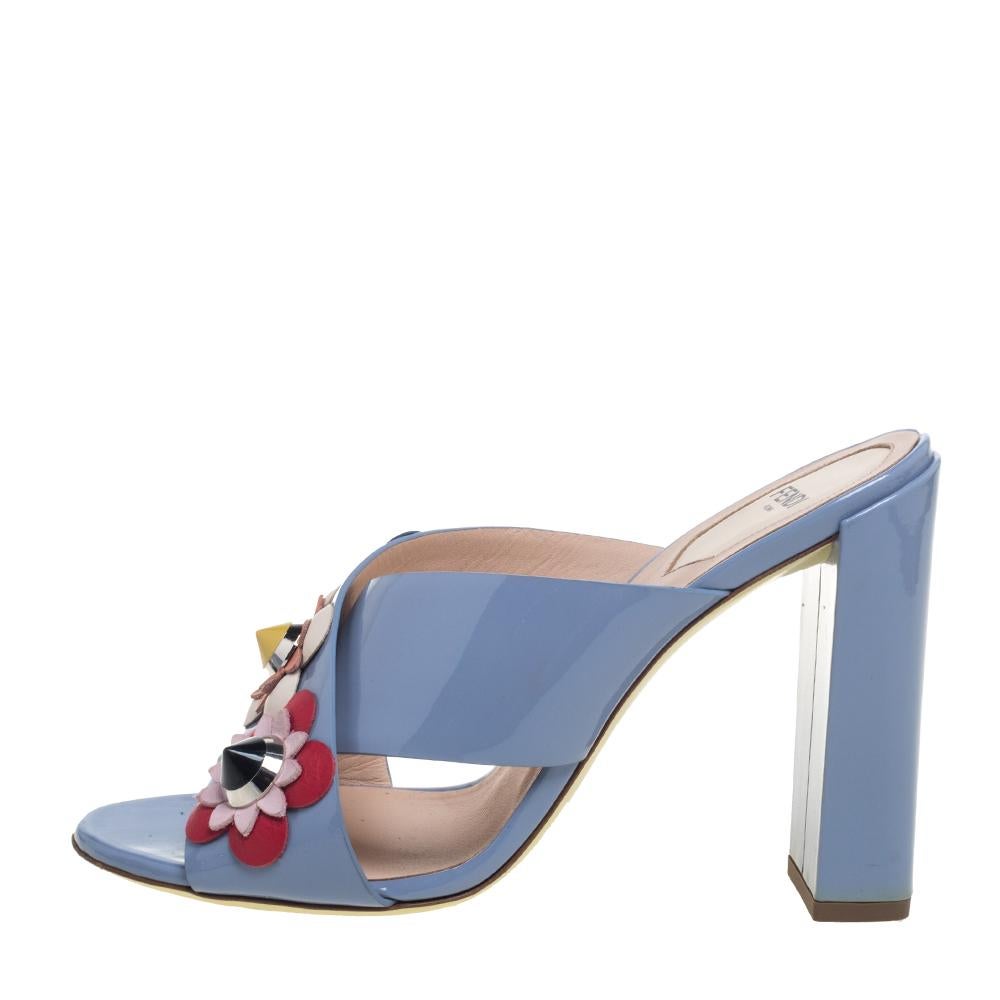 Women's Fendi Blue Patent Leather Flowerland Mule Sandals Size 39