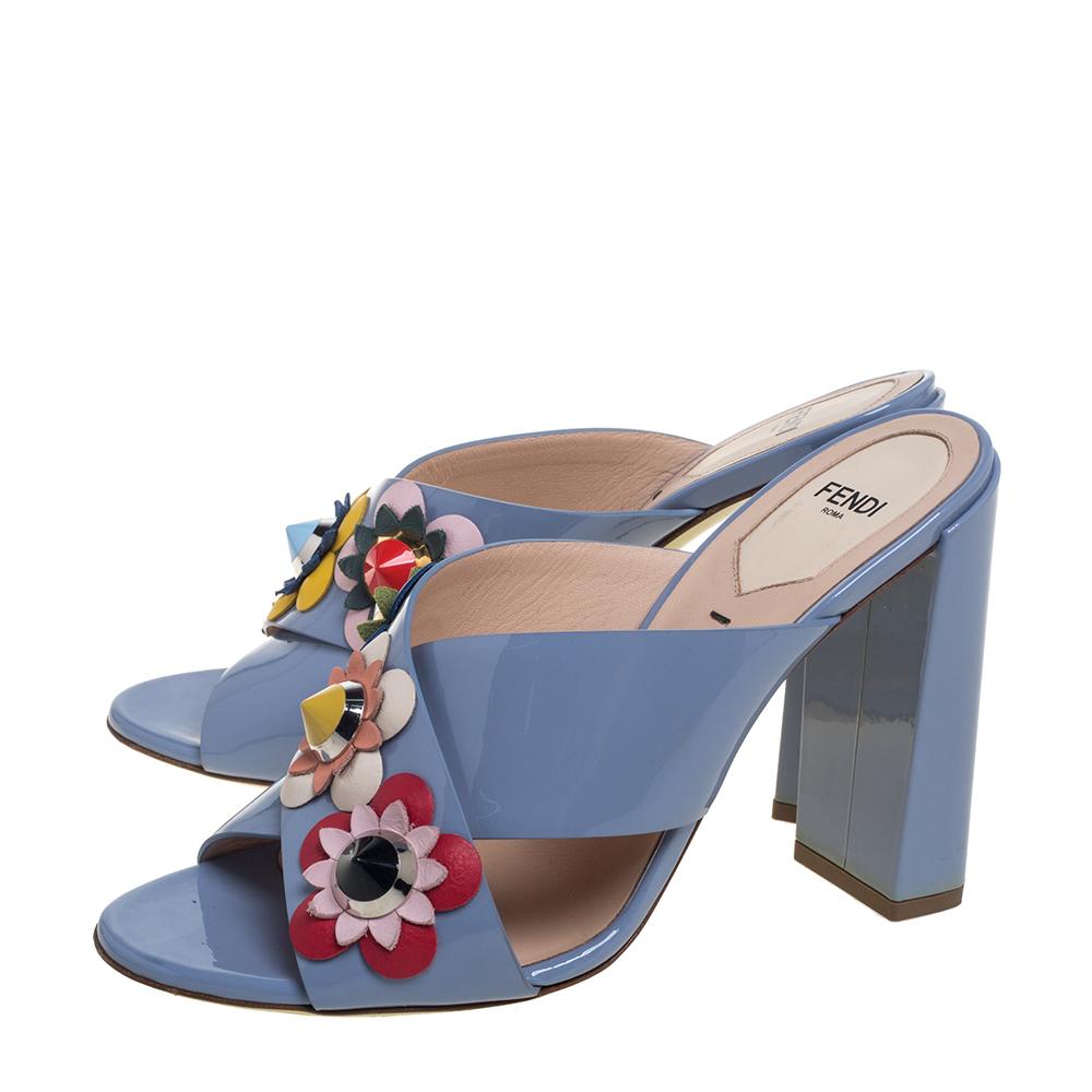 Fendi Blue Patent Leather Flowerland Mule Sandals Size 39 3