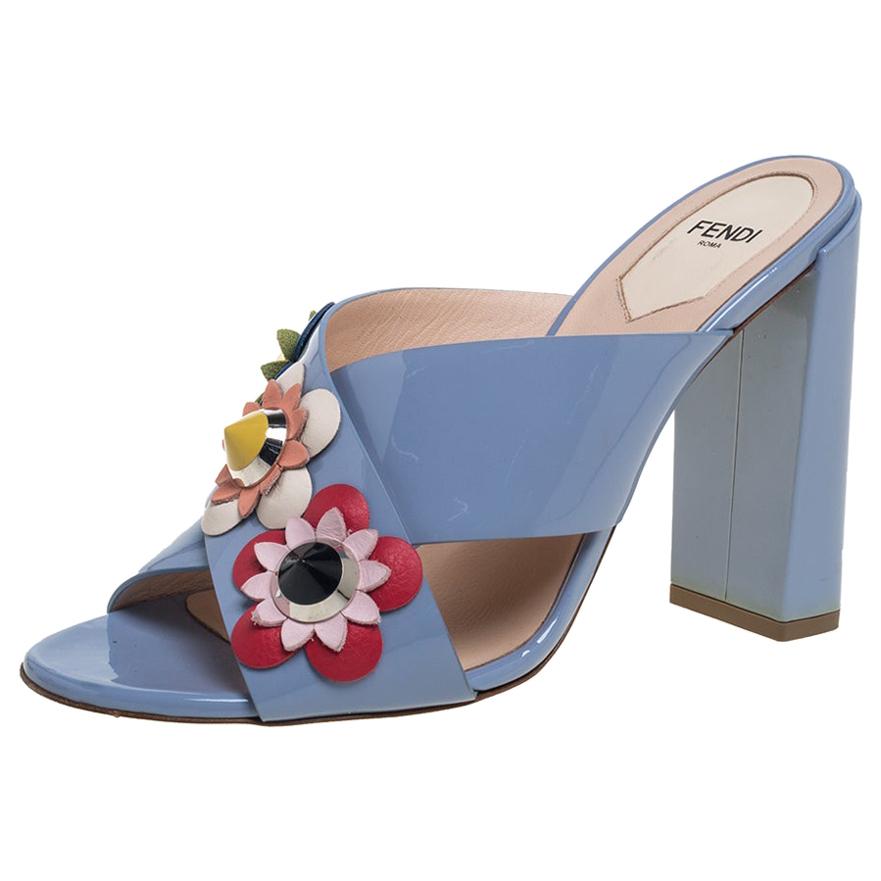 Fendi Blue Patent Leather Flowerland Mule Sandals Size 39