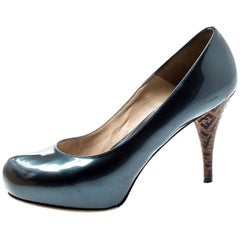 Fendi Blue Patent Leather Logo Heel Platform Pumps Size 36