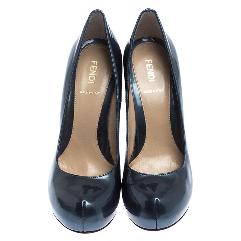 Black Fendi Blue Patent Leather Zucca Heel Platform Pumps Size 39