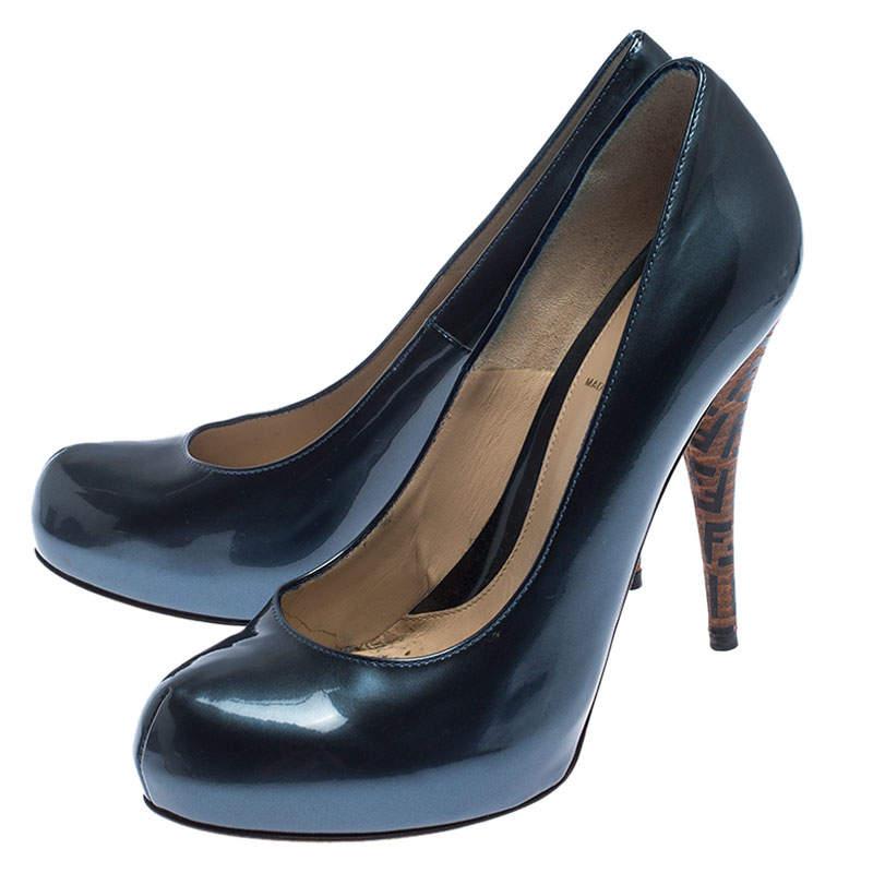 Fendi Blue Patent Leather Zucca Heel Platform Pumps Size 39 In Excellent Condition In Dubai, Al Qouz 2