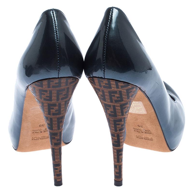 Women's Fendi Blue Patent Leather Zucca Heel Platform Pumps Size 39