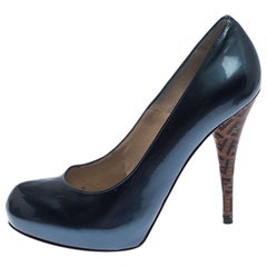 Fendi Blue Patent Leather Zucca Heel Platform Pumps Size 39