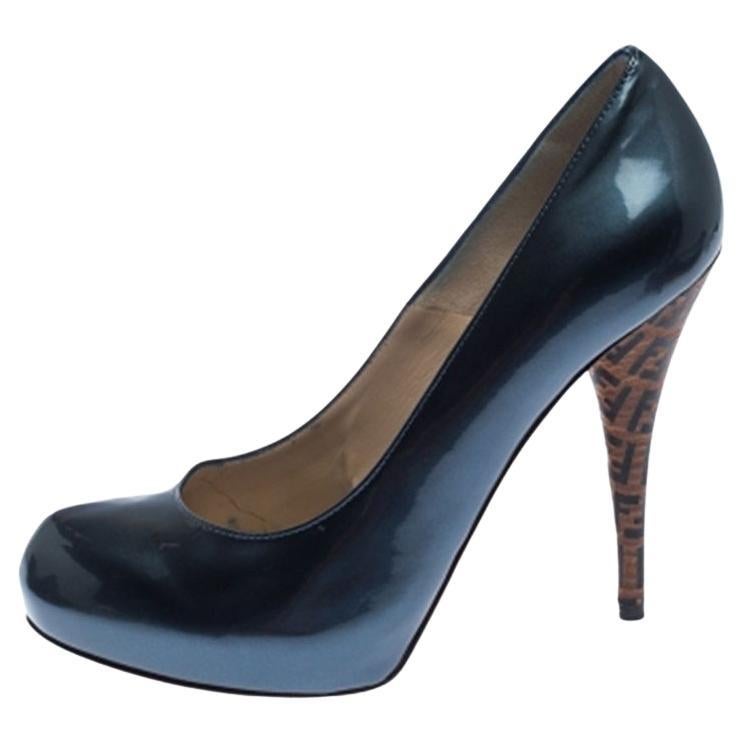 Fendi Blue Patent Leather Zucca Heel Platform Pumps Size 39 For Sale