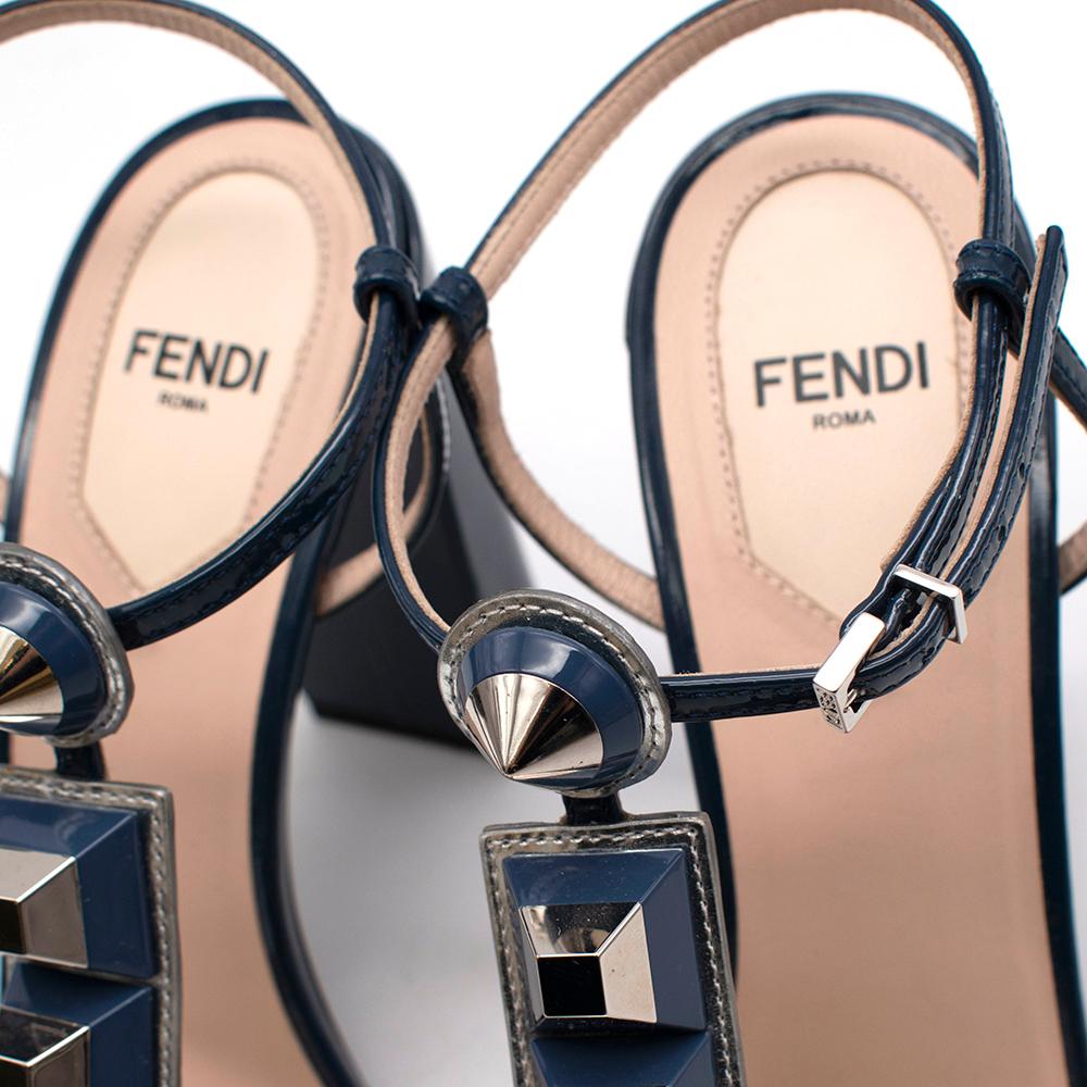 Fendi Blue Patent Studded Block Heel Sandals - Size EU 37 2