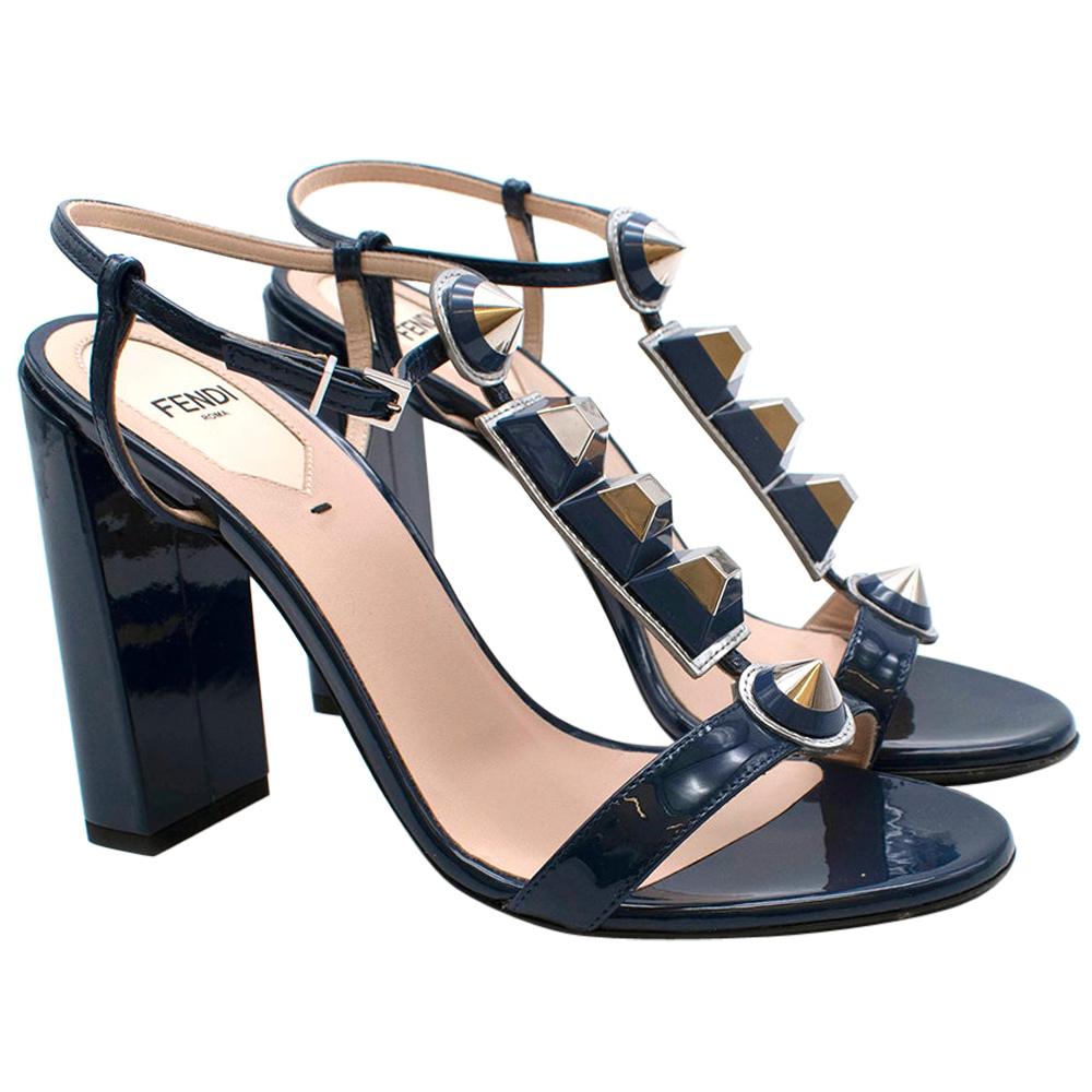 Fendi Blue Patent Studded Block Heel Sandals - Size EU 37