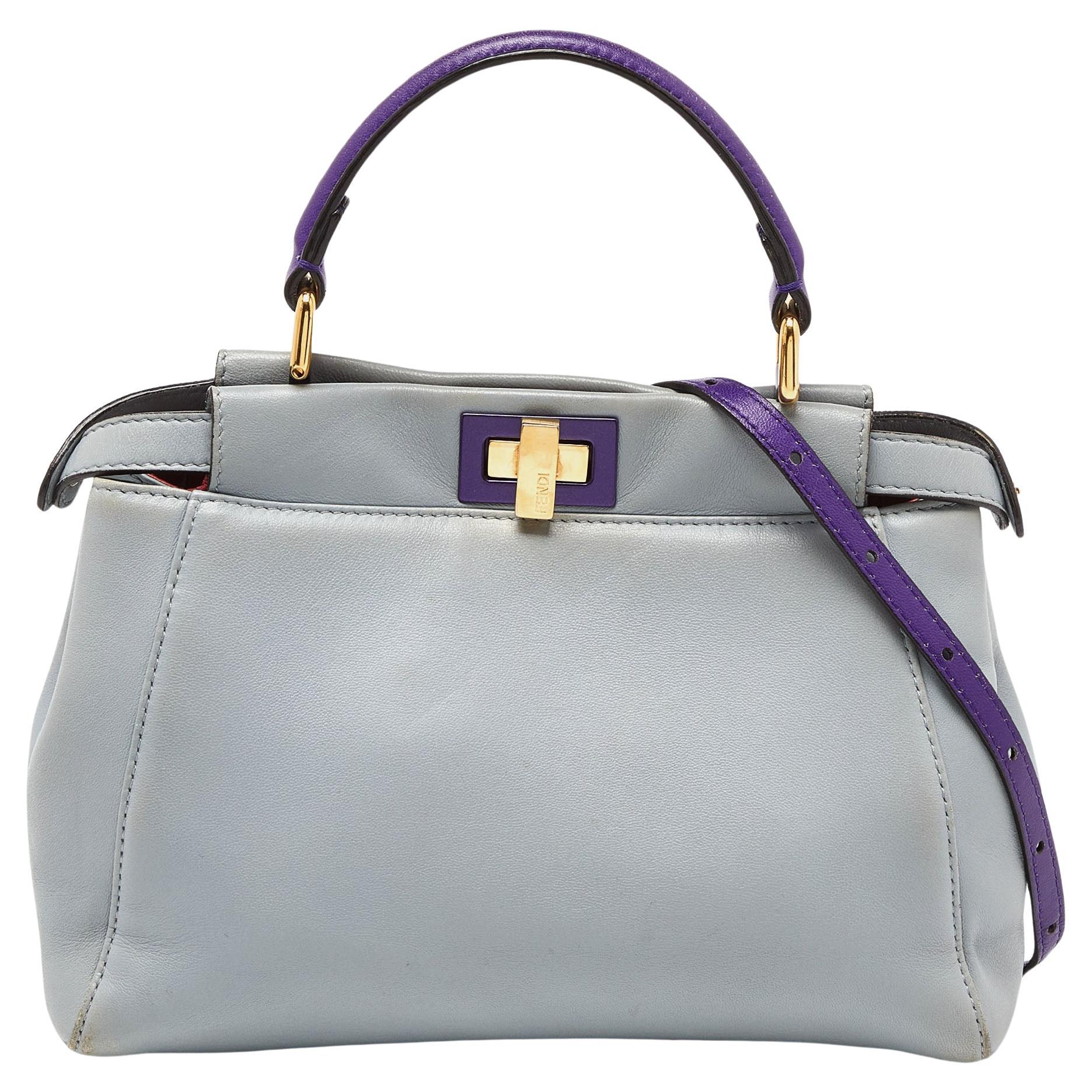 Fendi Blue/Purple Leather Mini Peekaboo Top Handle Bag For Sale