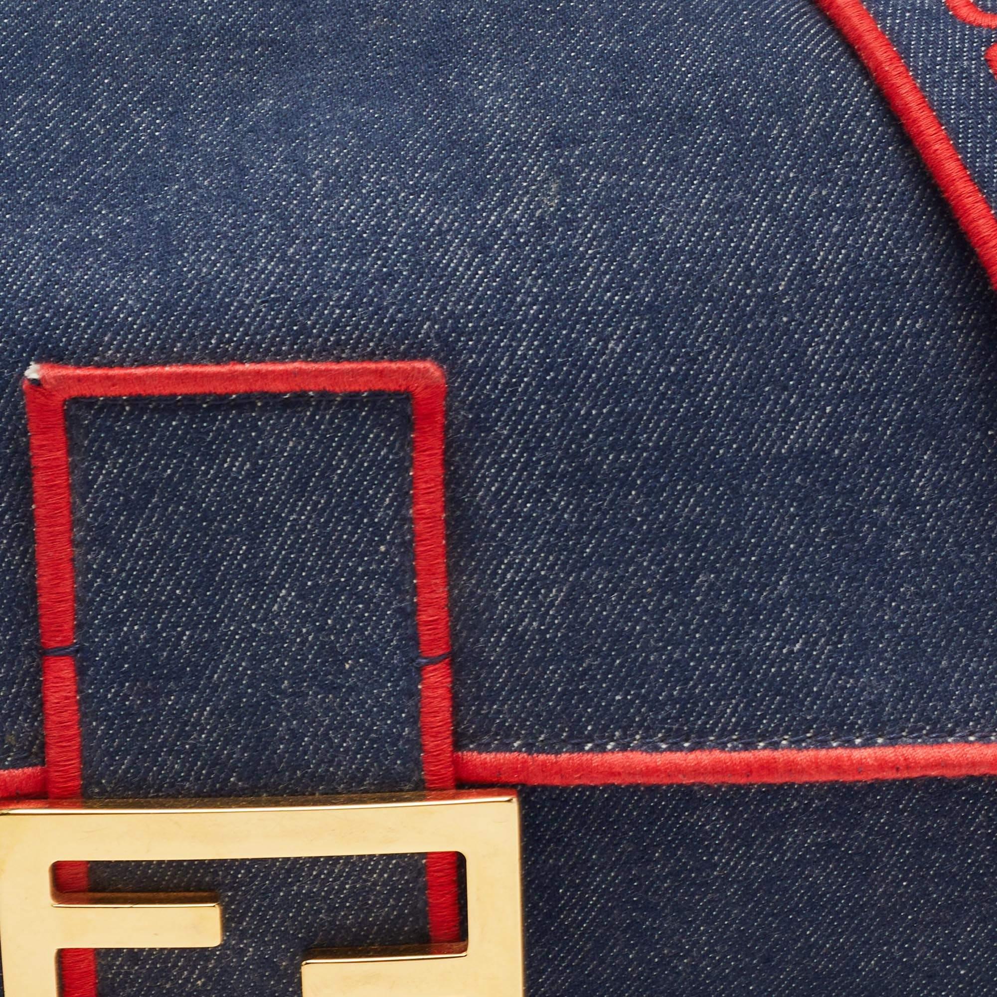 Fendi Blue/Red Denim Large Baguette Shoulder Bag 8