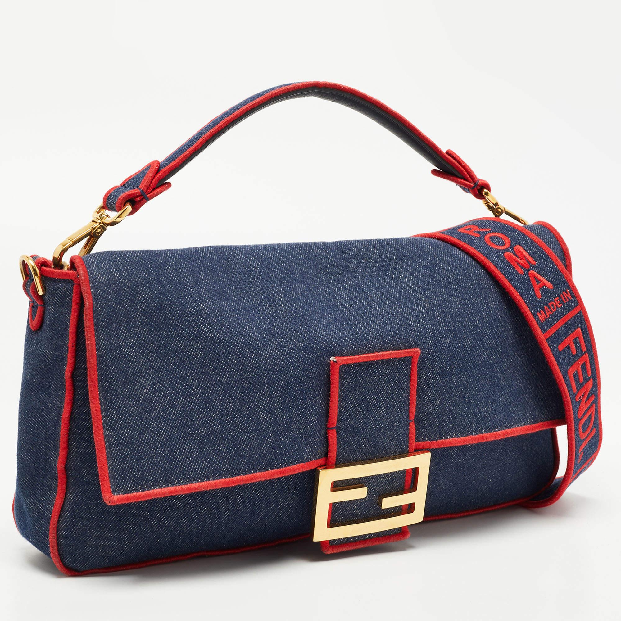 Women's Fendi Blue/Red Denim Large Baguette Shoulder Bag