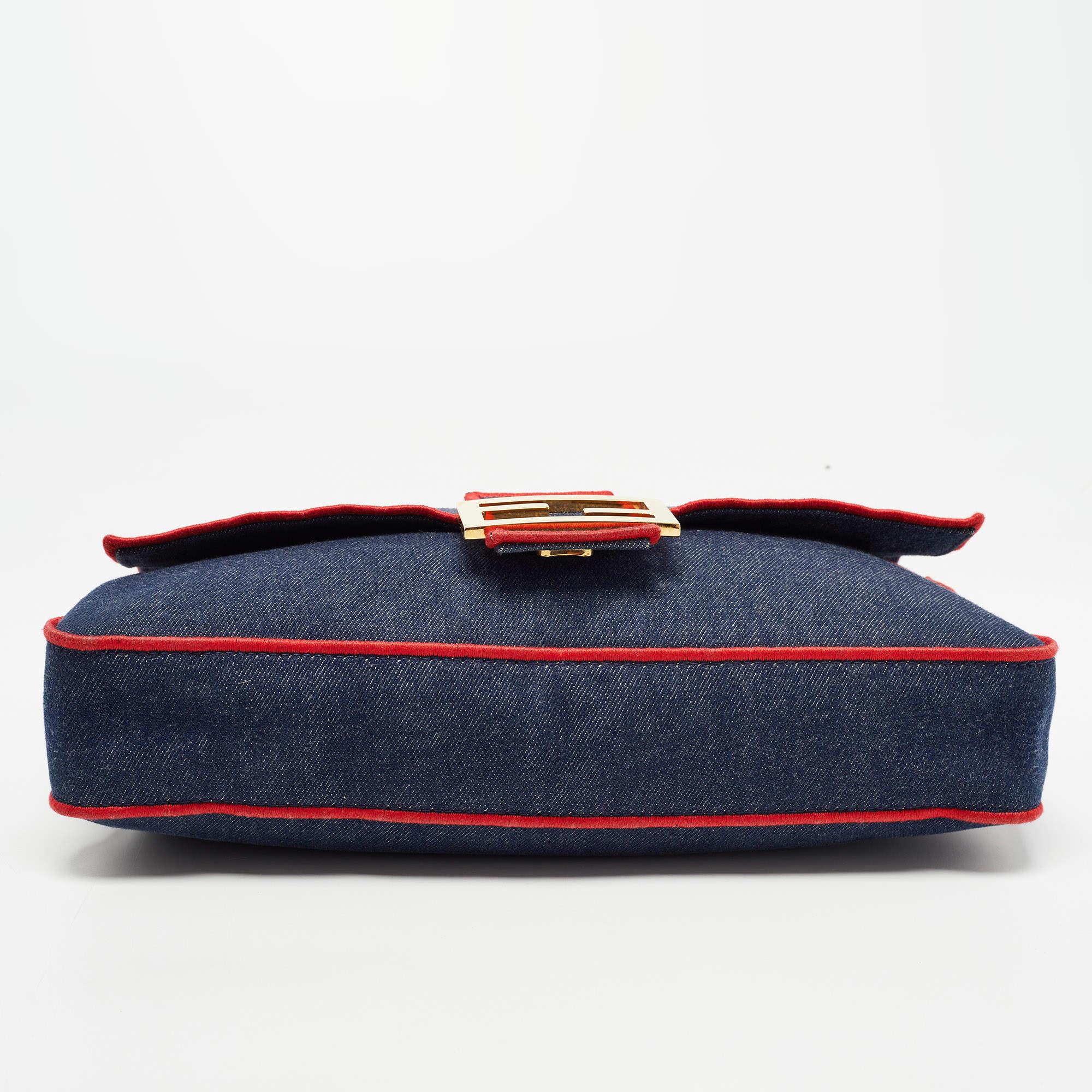 Fendi Blue/Red Denim Large Baguette Shoulder Bag 2