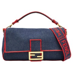Fendi Blue/Red Denim Large Baguette Shoulder Bag