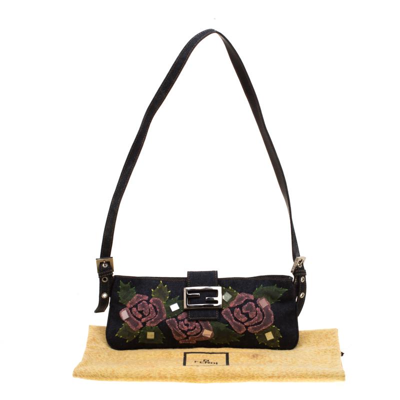 Fendi Blue Rose Embroidered Denim Baguette 7